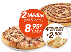 2 pizzas médias (até 5 ing) + 4 pães de alho com queijo