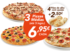 3 pizzas médias (até 5 ing) + 4 pães de alho com queijo
