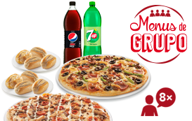 8 Pães Alho Simples + 2 Pizzas Familiares (até 4 ing.) + 2 Bebidas